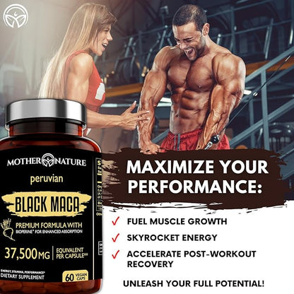 Mother Nature Black Maca Root Capsules – 50:1 37,500mg Peruvian Black Maca Root for Men, Women with Bioperine – Maca Root Capsules to Boost Stamina, Performance, Energy, Muscle Gain – 60-Count