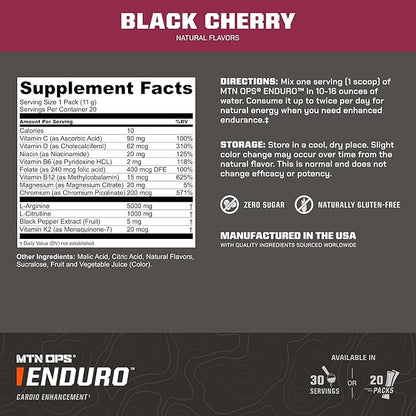 MTN OPS Enduro Trail Packs Nitric Oxide Supplement & Stim-Free Pre Workout - 20 Servings - with Magnesium Citrate, Beet Root Powder, Niacinamide, L Arginine & L Citrulline - Black Cherry Flavor