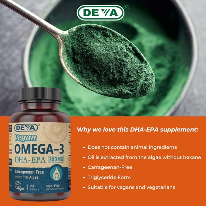 DEVA Vegan Omega-3 DHA Supplement, Once-Per-Day Softgel 200 MG, Carrageenan Free, Gelatin Free, Non-Fish, Algae Oil, Omega-3 Fatty Acids - 90 Softgels