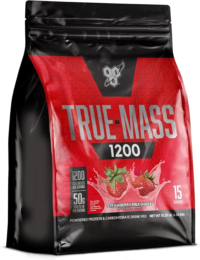 BSN TRUE-MASS Weight Gainer, Muscle Mass Gainer Protein Powder, Strawberry Milkshake, 10.25 Pound