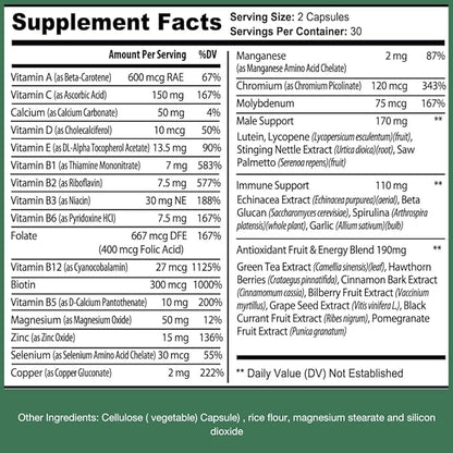 Vitamins for Men–Daily Multivitamins for Men Support for Energy, Immunity, Focus, and Performance. Mens Vitamins A, B12, C, D, E, Zinc, Calcium & Magnesium. Men's multivitamin Vegetable Capsules.