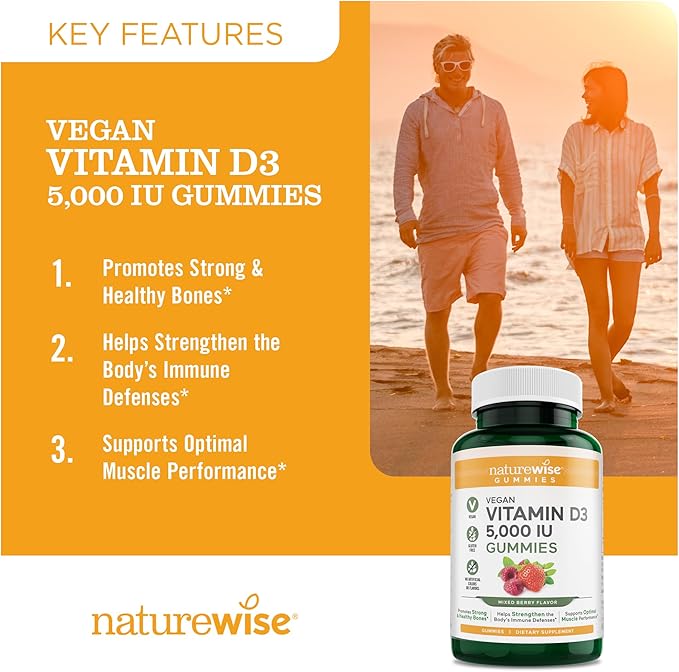 NatureWise Vitamin D3 5000 IU Gummies - Mixed Berry Flavor - Vegan D from Lichen, Pectin Based, Immune Support for Adults, Muscle & Bone Strength - Gluten Free, Non-GMO - 180 Count[3-Month Supply]