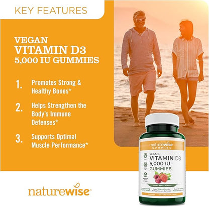 NatureWise Vitamin D3 5000 IU Gummies - Mixed Berry Flavor - Vegan D from Lichen, Pectin Based, Immune Support for Adults, Muscle & Bone Strength - Gluten Free, Non-GMO - 180 Count[3-Month Supply]