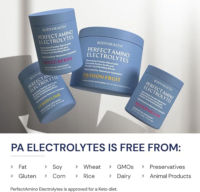 BodyHealth PerfectAmino Electrolytes Powder, Hydration Powder, Sugar Free Electrolyte Drink Mix, Keto Electrolytes Powder, Non GMO, Lemon Lime (30 Servings)