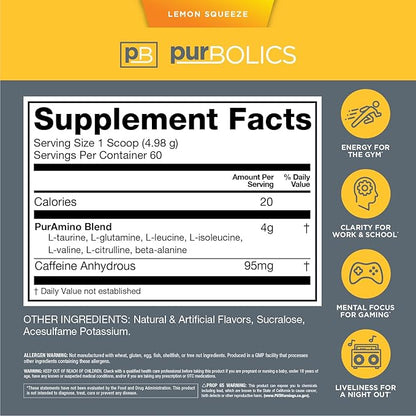 Aminos + Energy, Supports Recovery, Energy & Focus, 95mg of Caffeine, 0 Sugar & 60 Servings (Lemon Squeeze)
