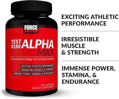 FORCE FACTOR Test X180 Alpha Max Total Testosterone and Nitric Oxide Booster for Men with Fenugreek Seed and Tribulus to Increase Blood Flow and Improve Male Athletic Performance, 180 Capsules