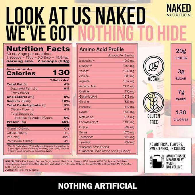 Naked Shake - Vegan Protein Powder, Strawberry Banana - Flavored Plant Based Protein with Mct Oil, Gluten-Free, Soy-Free, No Gmos Or Artificial Sweeteners - 30 Servings