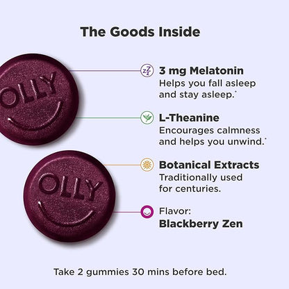 OLLY Sleep Gummy, 3mg Melatonin, L-Theanine, Chamomile, Lemon Balm, Sleep Aid, Occasional Sleep Support, BlackBerry, 90 Count