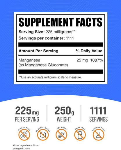 BulkSupplements.com Manganese Gluconate Powder - Manganese Supplements, Essential Trace Mineral - High Absorption & Gluten Free, 225mg per Serving, 250g (8.8 oz) (Pack of 1)