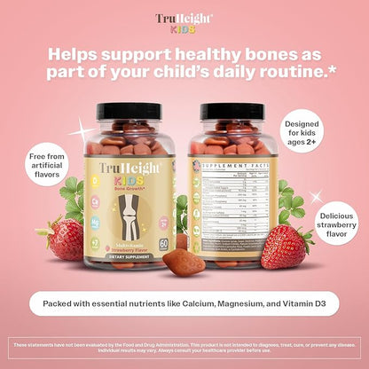 TruHeight Kids Bone Growth Gummies (Ages 2+) All Natural Kids & Toddler Vitamins - Endorsed by Pediatricians - Vitamin D, Calcium, K2, Magnesium Multivitamin - Natural Growth & Development