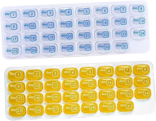 AM/PM 31 Day Monthly Pill Organizer Holder with Removable Medication Pods and Bonus Medical Alert Card - Blue for Morning & Grey for Evening (Clear & Yellow)