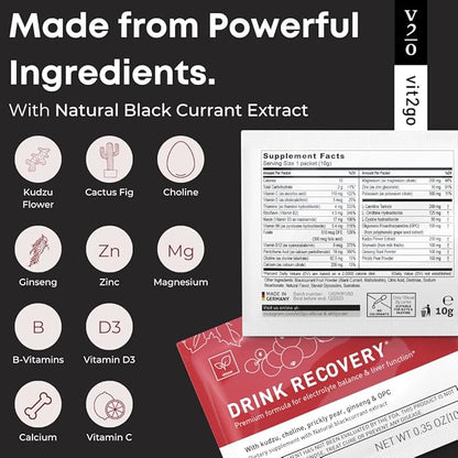 Drink Recovery Electrolytes Powder with Vitamins, Vegan Electrolyte Packets for Hydration & Liver Detox, Blackcurrant Flavor (30 Sachets)
