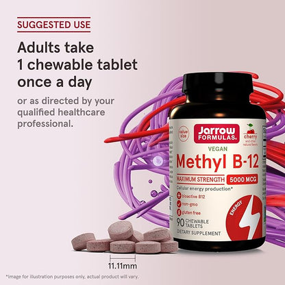 Jarrow Formulas Maximum Strength Methyl B-12 5000 mcg - Dietary Supplement - 90 Cherry Flavored Chewable Tablets - Bioactive Vitamin B-12 - Supports Cellular Energy Production, Sleep & Brain Health