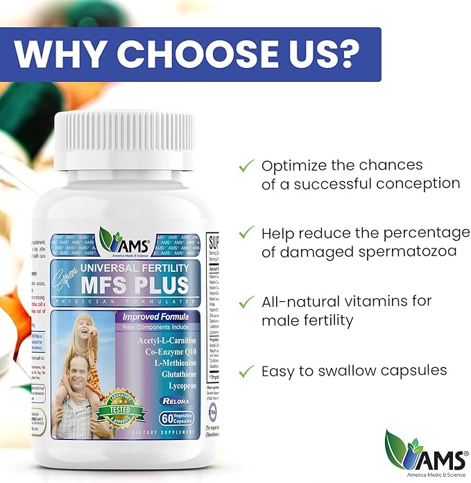 America Medic & Science MFS Plus Fertility Supplements for Men (60 Capsules) Sperm Count Booster, Supports Motility | Natural Preconception Vitamins, Reproductive Aid, with Zinc, CoQ10