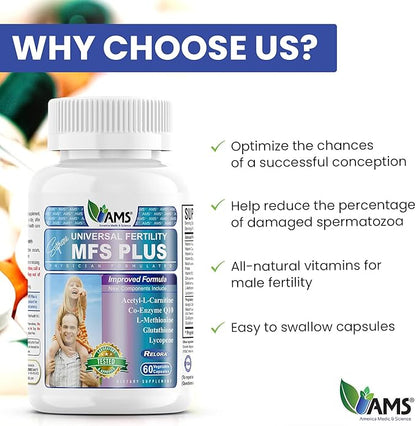 America Medic & Science MFS Plus Fertility Supplements for Men (60 Capsules) Sperm Count Booster, Supports Motility | Natural Preconception Vitamins, Reproductive Aid, with Zinc, CoQ10