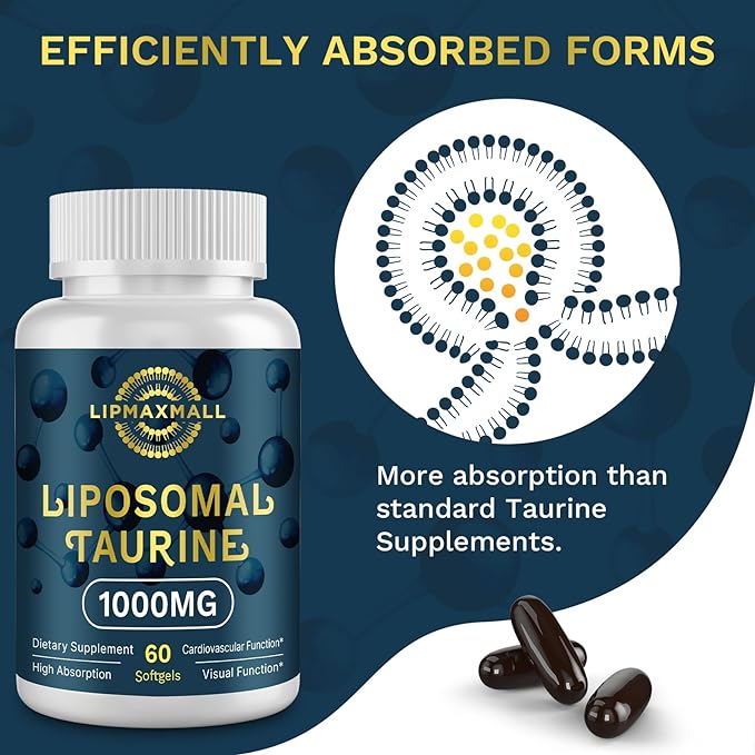Liposomal Taurine Supplement 1000mg, High Absorption Amino Acid for Heart, Nerve, Brain, Visual, Longevity & Muscle (60 Softgels - 1 Pack)