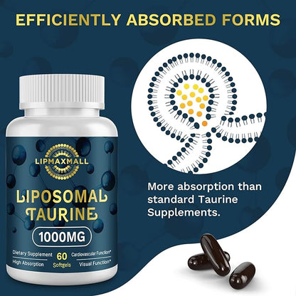 Liposomal Taurine Supplement 1000mg, High Absorption Amino Acid for Heart, Nerve, Brain, Visual, Longevity & Muscle (60 Softgels - 1 Pack)