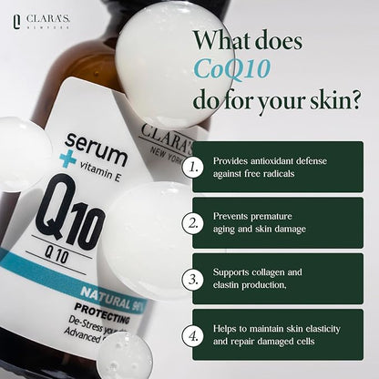Clara's NEW YORK | Q10 Antioxidant Serum | with Hydrolyzed Collagen, Ceramide NP, Vitmain E | Anti-aging Protecting Repairing Skin Barrier Pore Minimizer Balancing Sebum | 30ml 1Fl oz | Made In USA