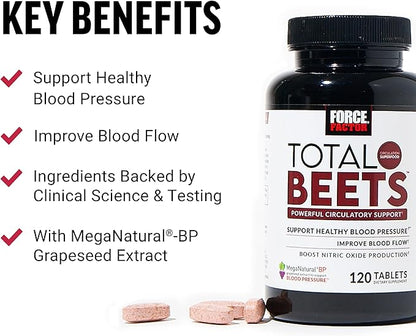 Force Factor Total Beets Nitric Oxide Supplement with Beet Root Powder, Nitrates, Grapeseed Extract for Circulation, Cardiovascular, Heart Health, 240 Tablets, 2 Pack