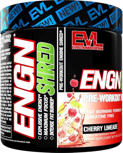 EVL Ultimate Pre Workout Powder - Thermogenic Fat Burner Preworkout Powder Drink for Lasting Energy Focus and Stamina - ENGN Shred Intense Fat Burning Creatine Free Preworkout Drink - Cherry Limeade