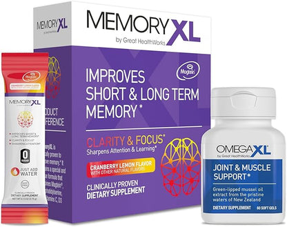 OmegaXL Joint Support Supplement, for Relief - Natural Muscle Support, Green Lipped Mussel Oil, 60 Count & MemoryXL, Magnesium L-Threonate: Brain Supplement for Memory & Focus Cranberry Lemon 30 Pack
