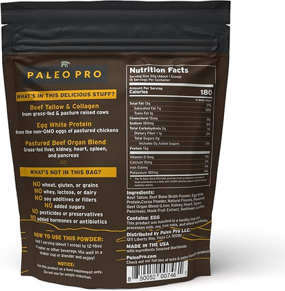 PaleoPro Carnivore Complete (Ancient Cacao) Pastured & Cage-Free Protein, Grass-Fed Beef Tallow, Beef Organs | No Sugar, Soy, Grains or Net Carbs | Gluten Free. Paleo & Keto Macros (15 Servings)