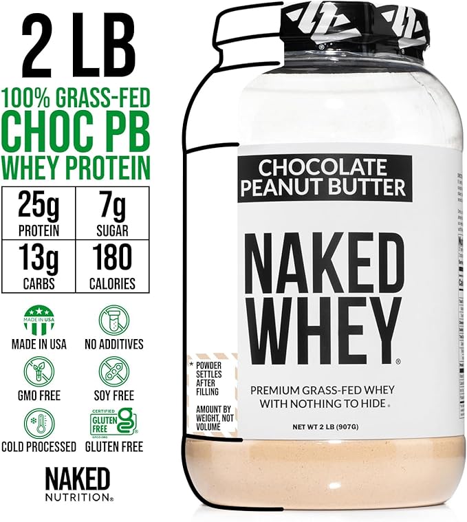 Naked Nutrition Whey Chocolate Peanut Butter Protein Powder, Grass Fed Whey, No GMO, No Soy, and Gluten Free. Nothing Artificial, Aid Growth and Recovery - 21 Servings