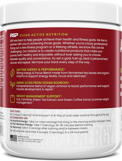 AminoLean Pre Workout Powder, Amino Energy with Natural Caffeine from Green Tea, Vegan BCAA Amino Acids, Cherry Lime (25 Serv)