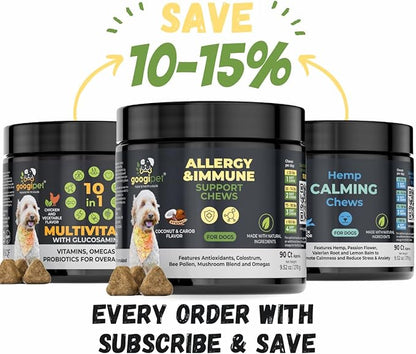 Googipet Dog Allergy Chews, Dog Allergy Relief & Itchy Skin Relief, Dog Skin & Coat Supplement +Bee Pollen, Colostrum for Dogs, Coconut Oil, Probiotics, & Omega 3 Fish Oil for Dogs Itching Skin Relief