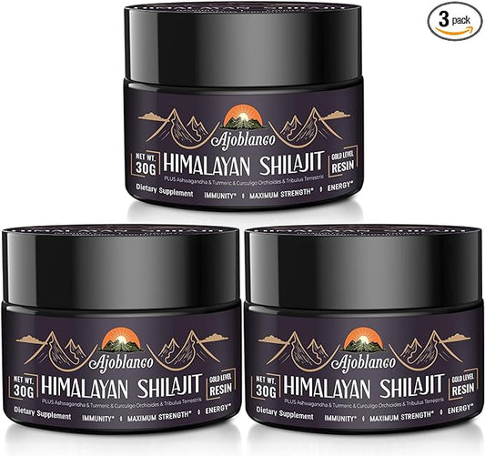 Ajoblanco 600mg Shilajit Pure Himalayan Organic Shilajit Resin - Himalayan Shilajit Resin with Organic Ayurvedic Blend in High Potency for Energy, Strength & Immunity, Pack of 3