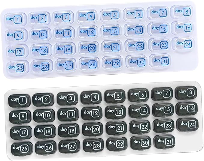 AM/PM 31 Day Monthly Pill Organizer Holder with Removable Medication Pods and Bonus Medical Alert Card - Blue for Morning & Grey for Evening (Clear & Grey)