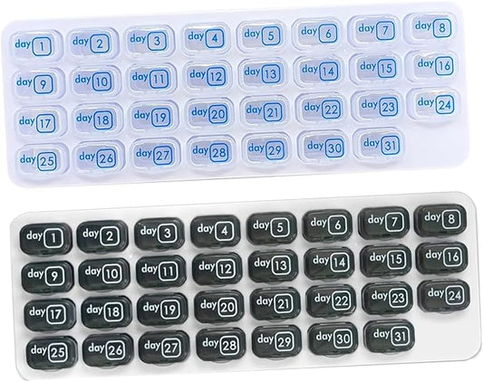 AM/PM 31 Day Monthly Pill Organizer Holder with Removable Medication Pods and Bonus Medical Alert Card - Blue for Morning & Grey for Evening (Clear & Grey)