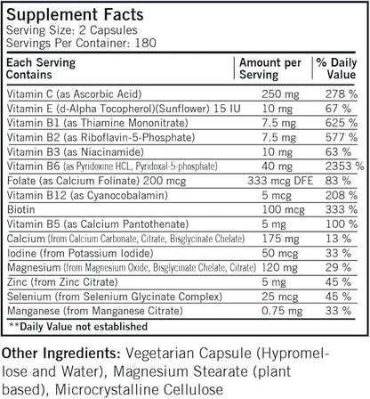 Kirkman Super Nu-Thera® w/o Vitamins A and D - Hypoallergenic || 360 Vegetarian Capsules || Multi Vitamin || Provides high Vitamin B-6 and Magnesium Content || Gluten and Casein Free
