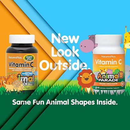 NaturesPlus Animal Parade Sugar-Free Children's Vitamin C, Natural Orange Juice Flavor - 90 Chewable Animal Shaped Tablets, Pack of 2 - Immune Support - Gluten Free - 90 Servings