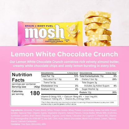 MOSH Lemon White Chocolate Keto Protein Bars, High Fiber, Low Carb, Gluten Free, High Protein, Brain Healthy Snack, 12 Count