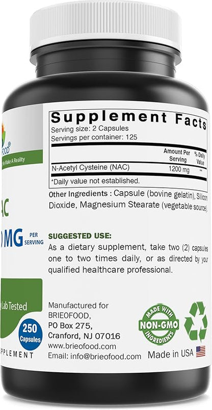 Brieofood NAC Supplement N-Acetyl Cysteine 1200 mg per Serving 250 Capsules - Immune Support Supplement