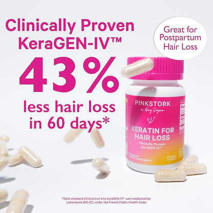 Pink Stork Keratin Hair Loss Supplement for Women - Clinically Studied KeraGEN-IV for Hair Care, Thinning, Shedding and Beauty - Hair Skin and Nails Support - Postpartum Hair Growth - 30 Capsules
