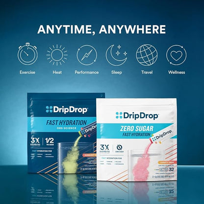 DripDrop Hydration - Sunburst Variety Pack - Electrolyte Drink Mix Single Serve Hydration Powder Packets - Lemon Lime, Strawberry, Peach, Black Cherry | Non-GMO, Gluten Free, Vegan | 32 Sticks