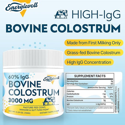 Bovine Colostrum Supplement Powder - 60% IgG 3000 mg for Gut, Hair Growth, Beauty, and Immune, Easy to Mix, Unflavored (50 Servings)
