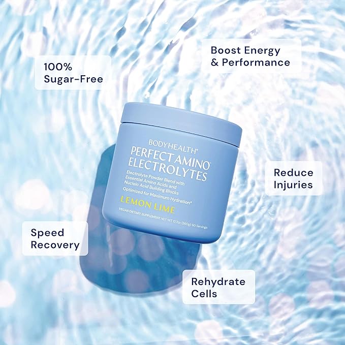 BodyHealth PerfectAmino Electrolytes Powder, Hydration Powder, Sugar Free Electrolyte Drink Mix, Keto Electrolytes Powder, Non GMO, Lemon Lime (30 Servings)