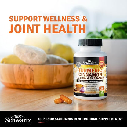 Turmeric Supplement with Saffron, Cinnamon and Cardamom Plus BioPerine Black Pepper Extract for Optimal Absorption, Natural Tumeric Curcumin Joint Support Supplement for Women and Men, 60 Capsules