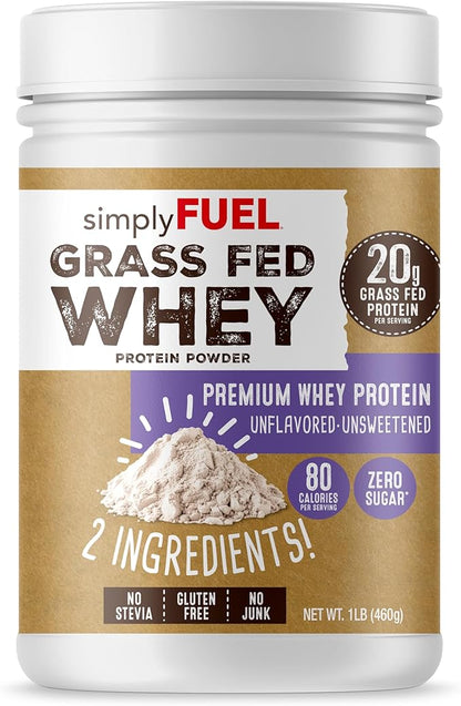 100% Grass Fed Whey Protein Powder - Only 2 Ingredients, Unflavored, Unsweetened, Gluten Free, No Soy, 20g Protein - Zero Sugar, No Carb Clean Protein - Muscle Growth and Recovery 1LBS