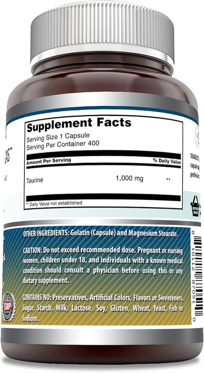 Amazing Formulas Taurine 1000mg Capsules Amino Acid Supplement | Non-GMO | Gluten Free | Made in USA (400 Count)