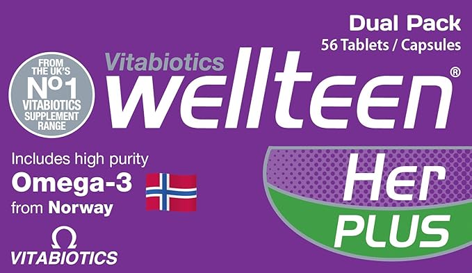 Wellteen Her Plus Omega-3 - Advanced Nutritional Support for Teenagers and Young Women Ages 13-19 - 56 Tablets and Capsules