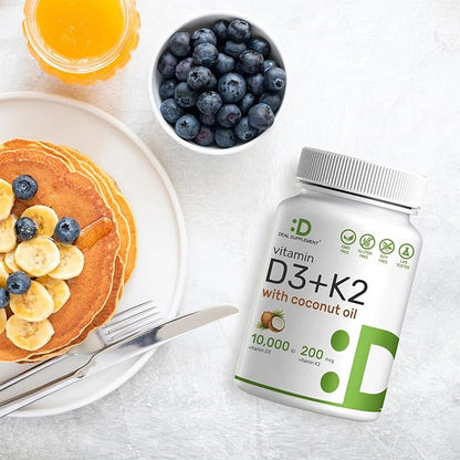 DEAL SUPPLEMENT Vitamin D3 10,000 IU + K2 MK7 200 mcg, Infused with Virgin Coconut Oil, 250 Softgels, Double Strength Vitamin D & K, Promotes Heart, Bone & Teeth Health - Very Easy to Swallow
