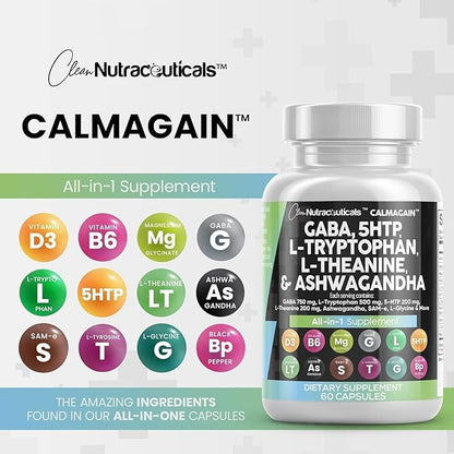 Clean Nutraceuticals GABA 750mg 5 HTP 200mg L Tryptophan 500mg L Theanine 200mg Ashwagandha SAM-e L-Glycine - Mood Support Vitamins for Women and Men with L-Tyrosine - Count