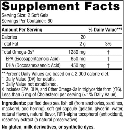 Nordic Naturals Ultimate Omega, Lemon Flavor - 120 Soft Gels - 1280 mg Omega-3 - High-Potency Omega-3 Fish Oil Supplement with EPA & DHA - Promotes Brain & Heart Health - Non-GMO - 60 Servings