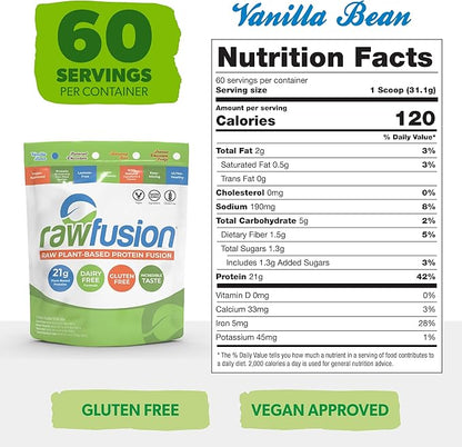 Rawfusion- Vegan Protein Powder, Vanilla Bean - 60 Servings 21g of Plant Based Protein, Low Net Carbs, Non-Dairy, Gluten/ Lactose Free, Soy Free, Kosher, Non-GMO, 4lbs Pound