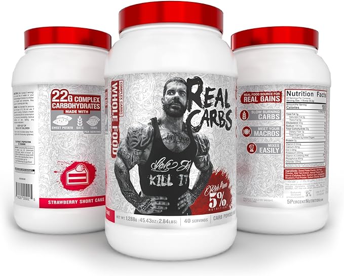 5% Nutrition Rich Piana Real Carbs with Real Food Complex Carbohydrates, Long-Lasting Low Glycemic Energy for Pre-Workout/Post-Workout Recovery Meal, 2.84 lb, 40 Servings (Strawberry Shortcake)