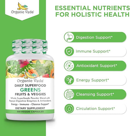 Organic Veda Superfood Greens Fruits & Vegetables 300 Capsules | 30 Daily Organic Fruits & Veggies with Chlorophyll, Papaya Enzymes, Acerola Vitamin C, Turmeric, Beet, Moringa, Green Tea Extract